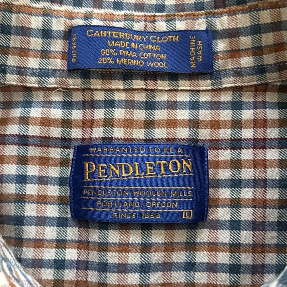 Pendleton Shirt Men L Merino Wool Pima Cotton Plaid Canterbury Cloth Button Down - Picture 3 of 8